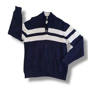 Tommy Hilfiger Sweater Men’s XL Navy Cream Stripe Half Zip Y2K Preppy Retro Knit